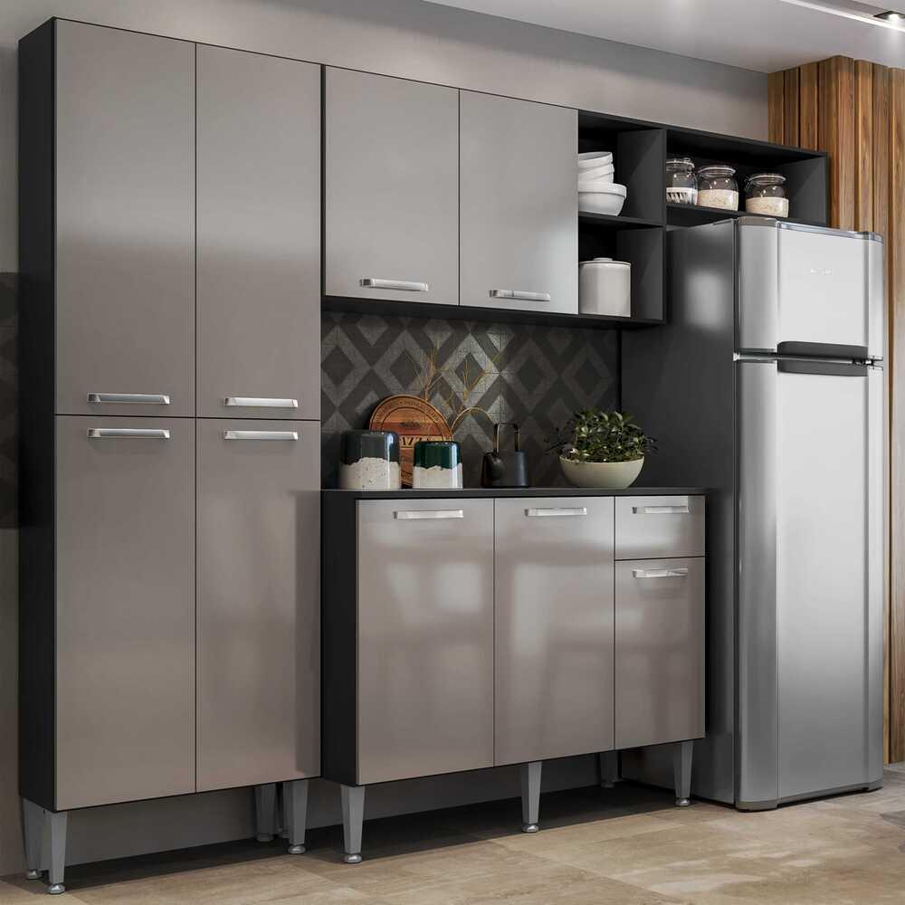 Cozinha Compacta Multimóveis Pequim FG2933 com Armário e Balcão Preta/Lacca Fumê