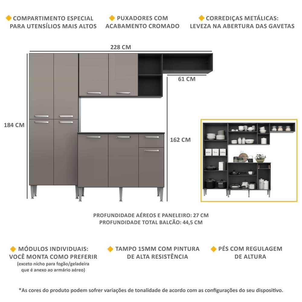 Cozinha Compacta Multimóveis Pequim FG2933 com Armário e Balcão Preta/Lacca Fumê