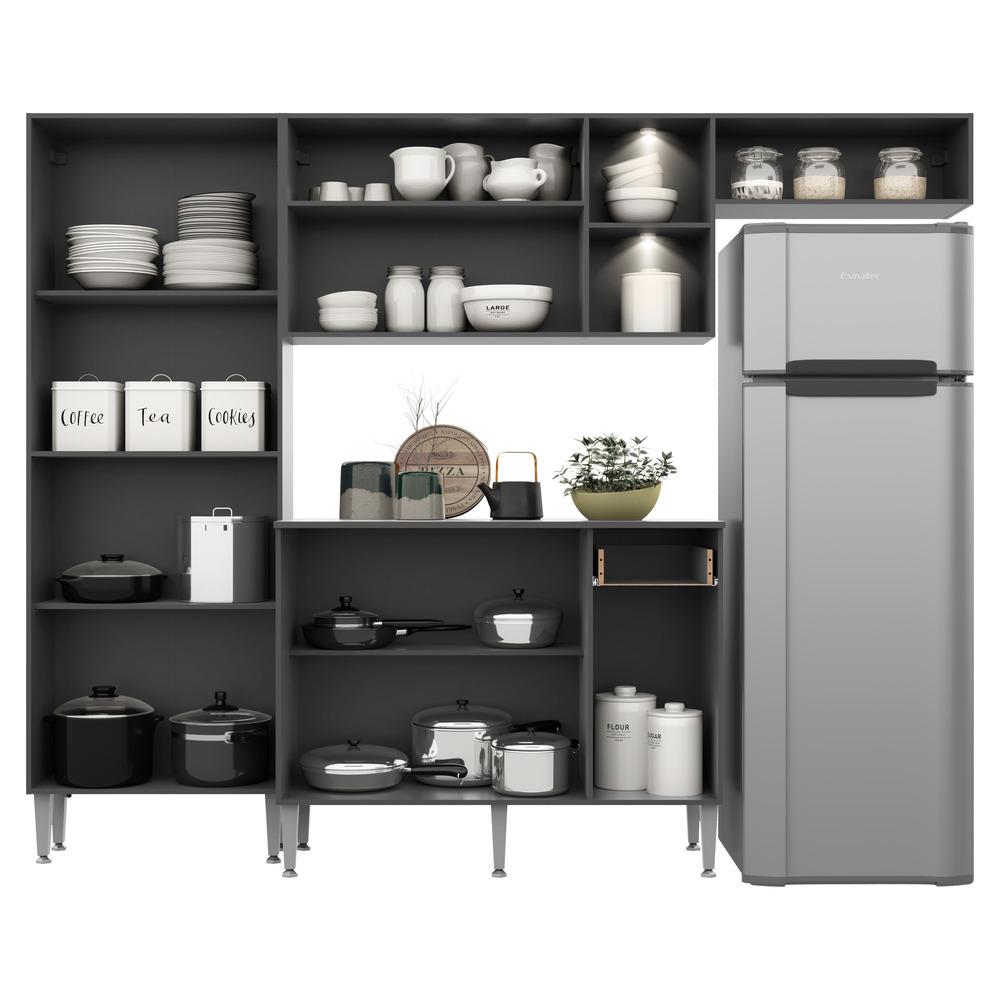Cozinha Compacta Multimóveis Pequim FG3572 com 2 Leds Armário e Balcão Preta/Lacca Fumê