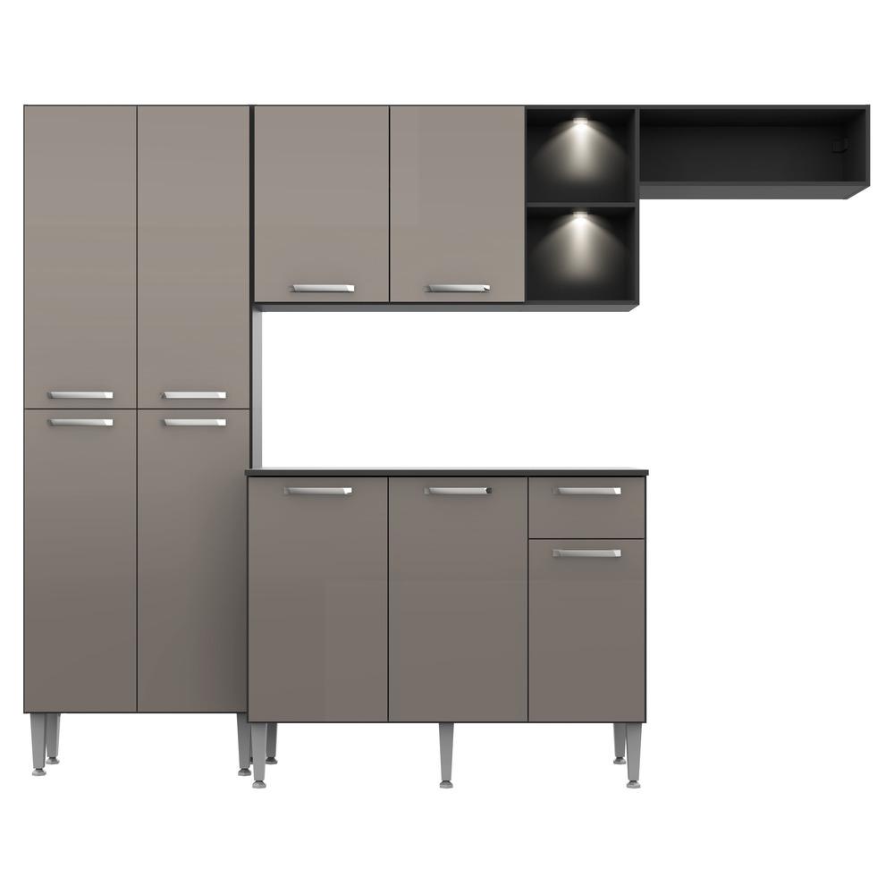 Cozinha Compacta Multimóveis Pequim FG3572 com 2 Leds Armário e Balcão Preta/Lacca Fumê