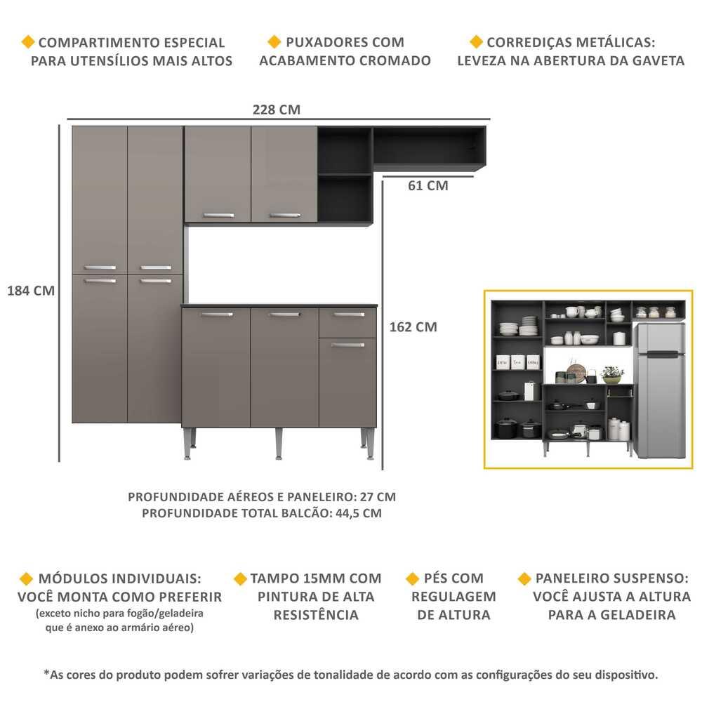 Cozinha Compacta Multimóveis Pequim Sun FG3000 com Armário e Balcão Preta/Lacca Fumê