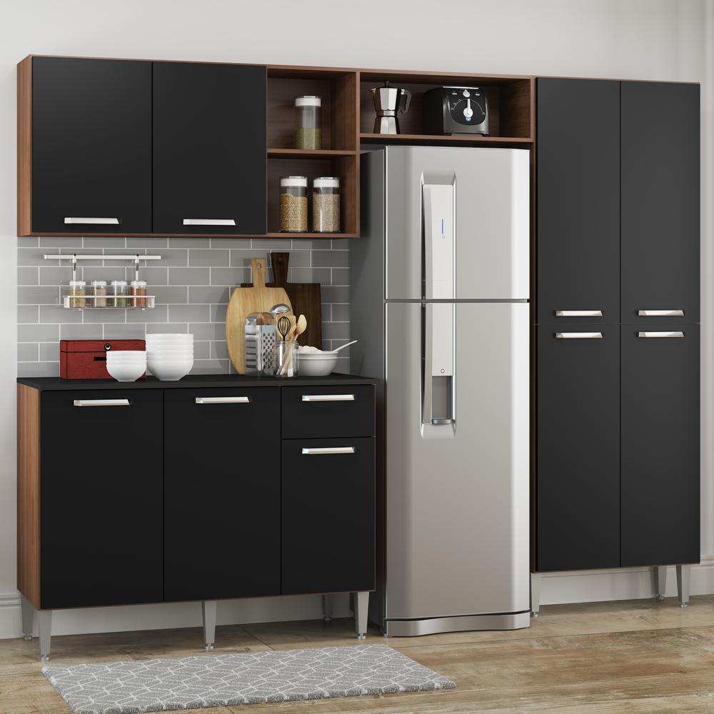 Cozinha Compacta Multimóveis Pequim Up FG2999 com Armário e Balcão Madeirada/Preta