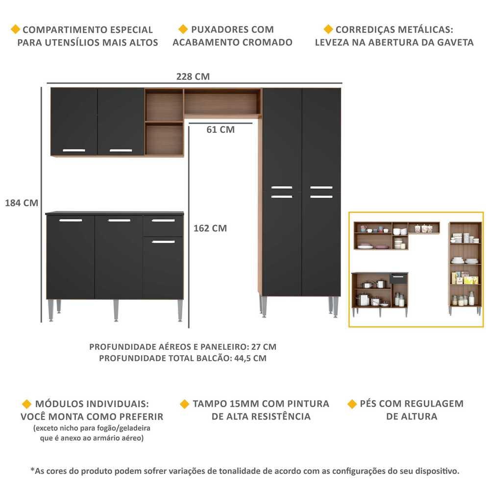 Cozinha Compacta Multimóveis Pequim Up FG2999 com Armário e Balcão Madeirada/Preta