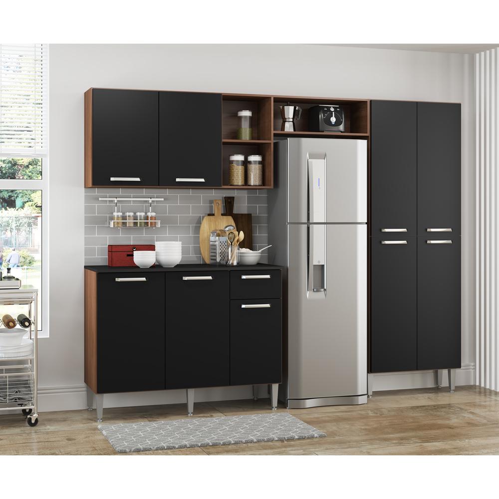 Cozinha Compacta Multimóveis Pequim Up FG2999 com Armário e Balcão Madeirada/Preta