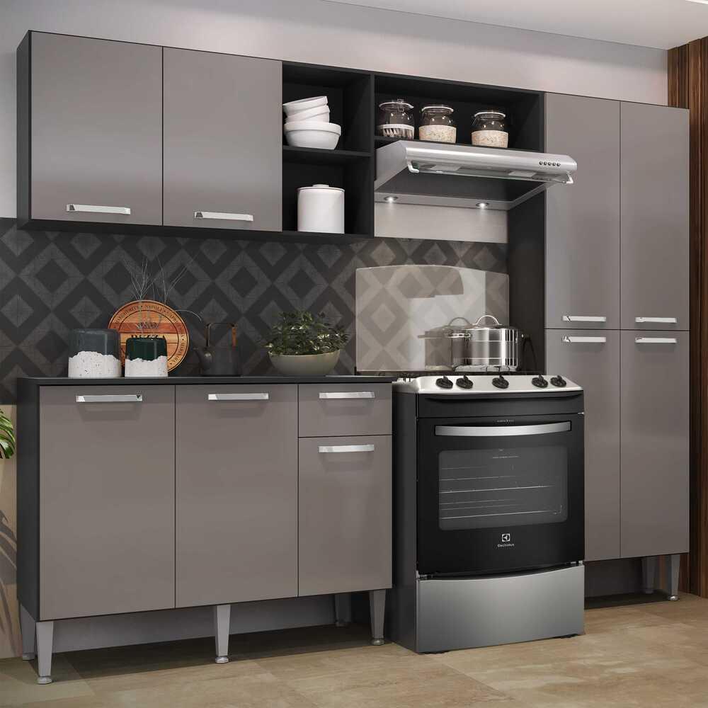 Cozinha Compacta Multimóveis Pequim Up FG2999 com Armário e Balcão Preta/Lacca Fumê