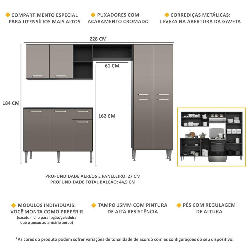 Cozinha Compacta Multimóveis Pequim Up FG2999 com Armário e Balcão Preta/Lacca Fumê