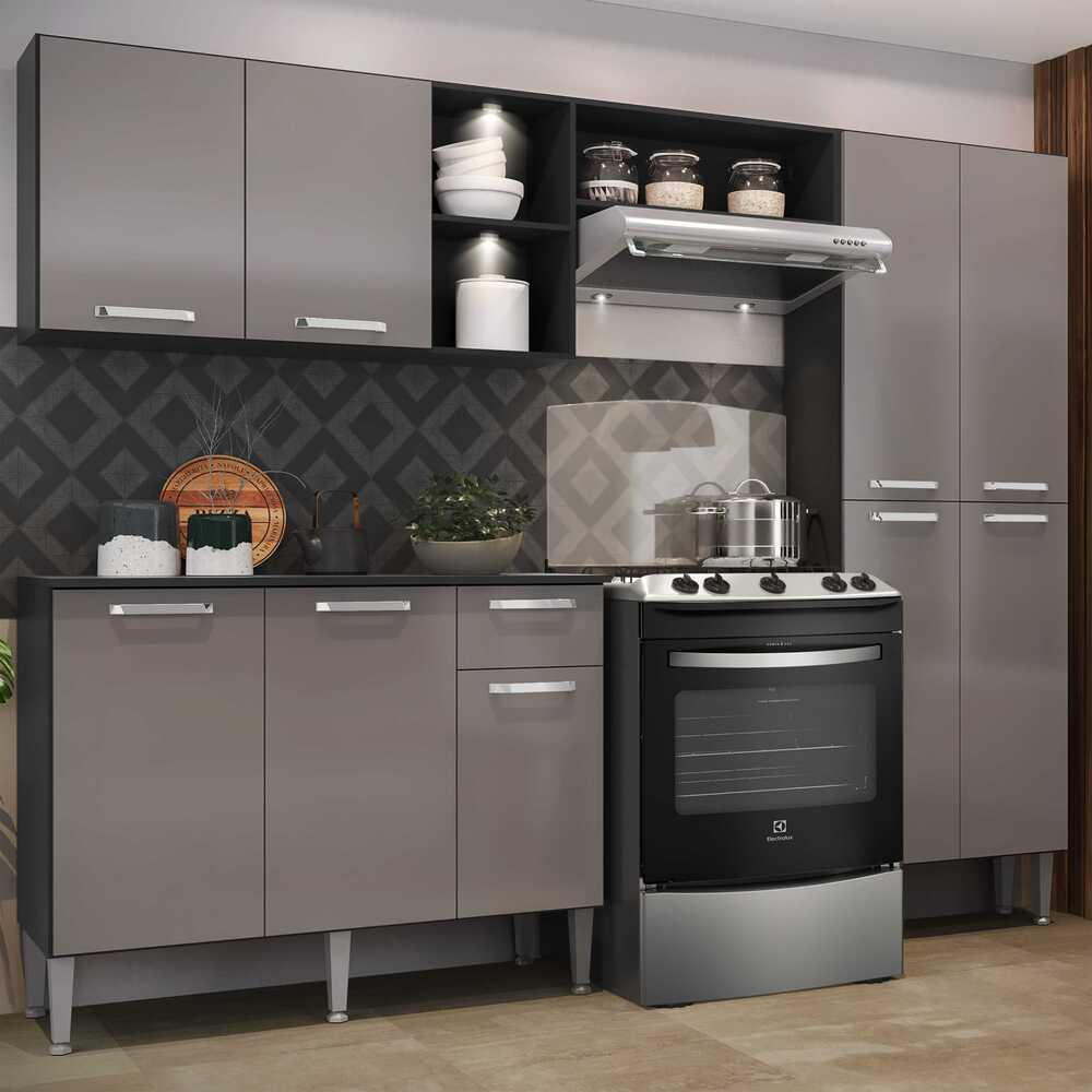 Cozinha Compacta Multimóveis Pequim Up FG3412 com 2 Leds Armário e Balcão Preta/Lacca Fumê