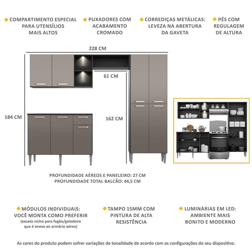 Cozinha Compacta Multimóveis Pequim Up FG3412 com 2 Leds Armário e Balcão Preta/Lacca Fumê