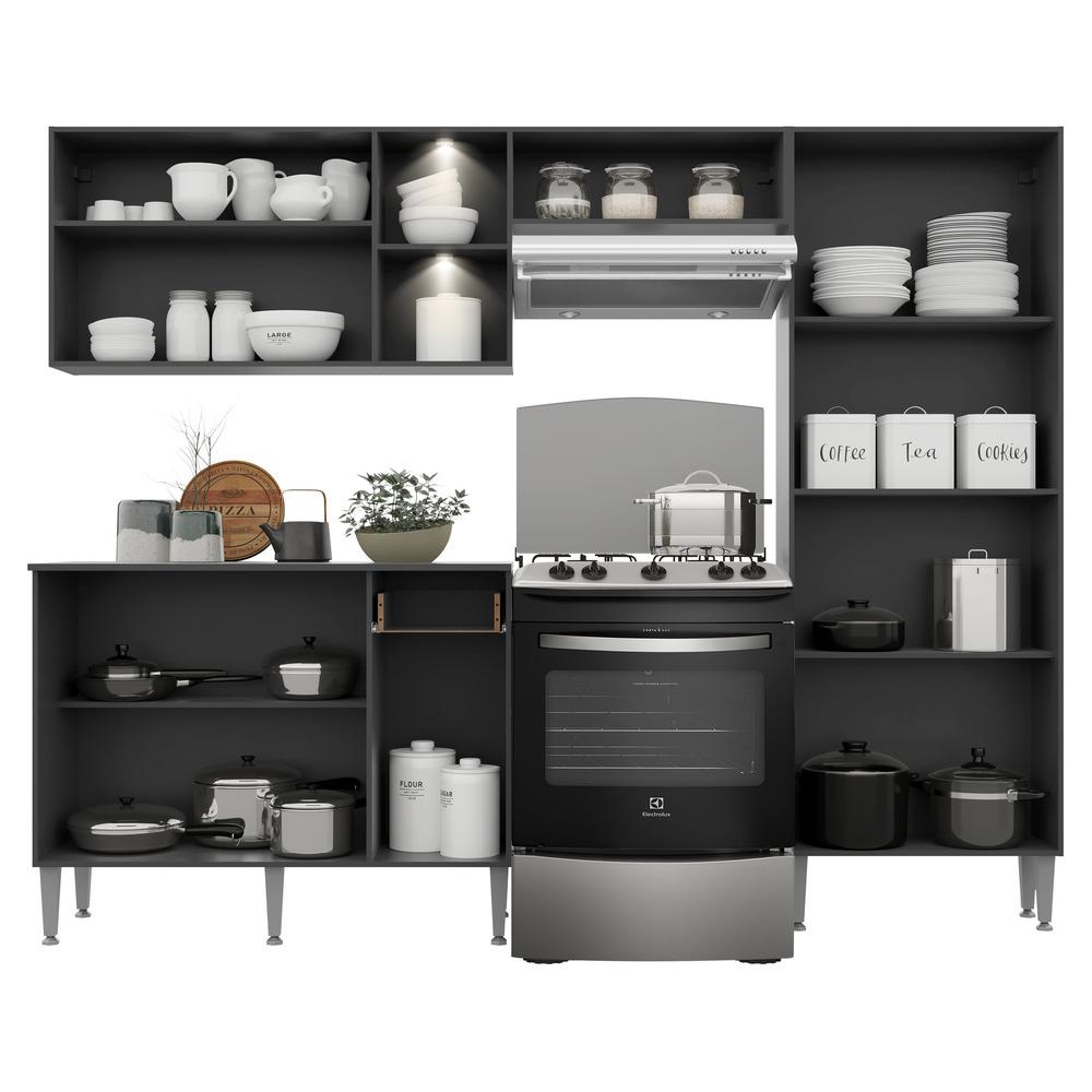 Cozinha Compacta Multimóveis Pequim Up FG3412 com 2 Leds Armário e Balcão Preta/Lacca Fumê
