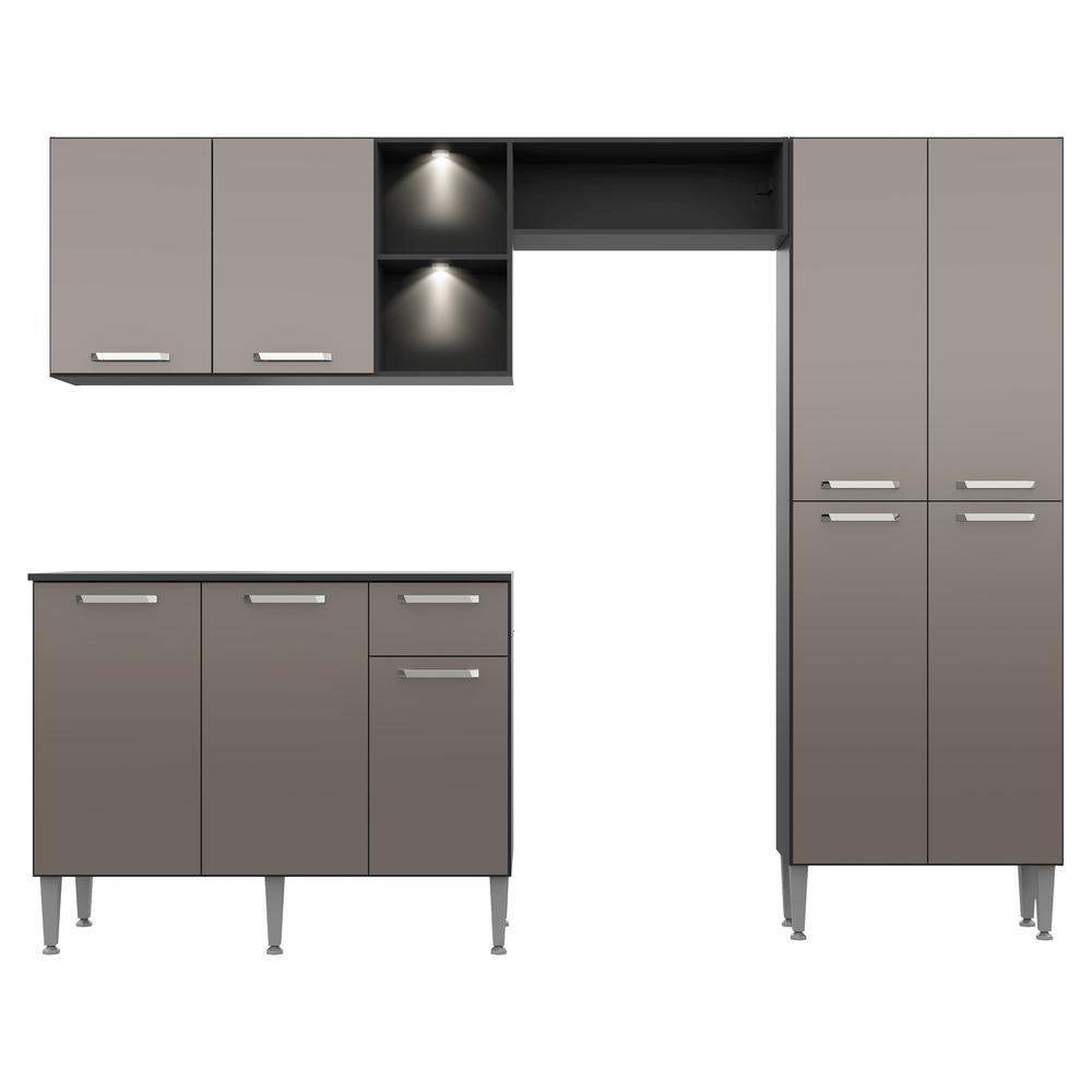 Cozinha Compacta Multimóveis Pequim Up FG3412 com 2 Leds Armário e Balcão Preta/Lacca Fumê