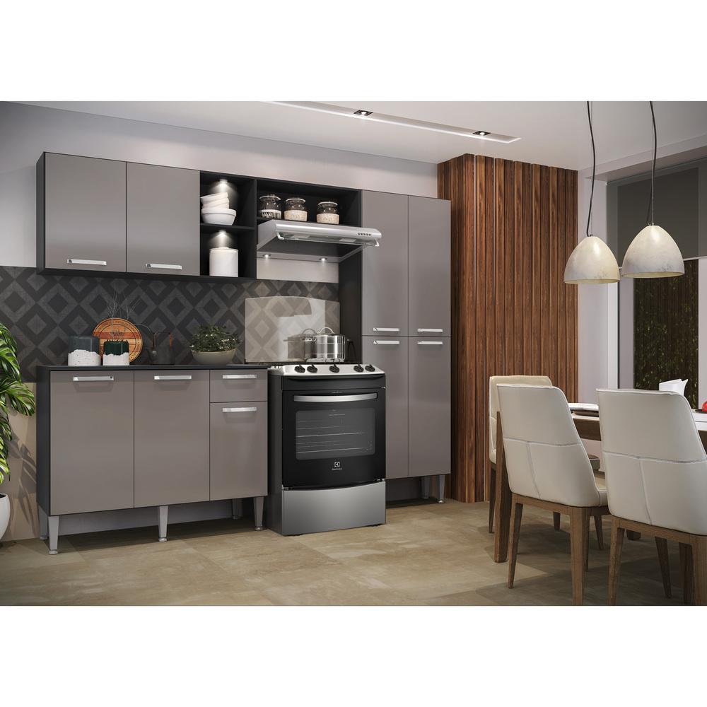 Cozinha Compacta Multimóveis Pequim Up FG3412 com 2 Leds Armário e Balcão Preta/Lacca Fumê