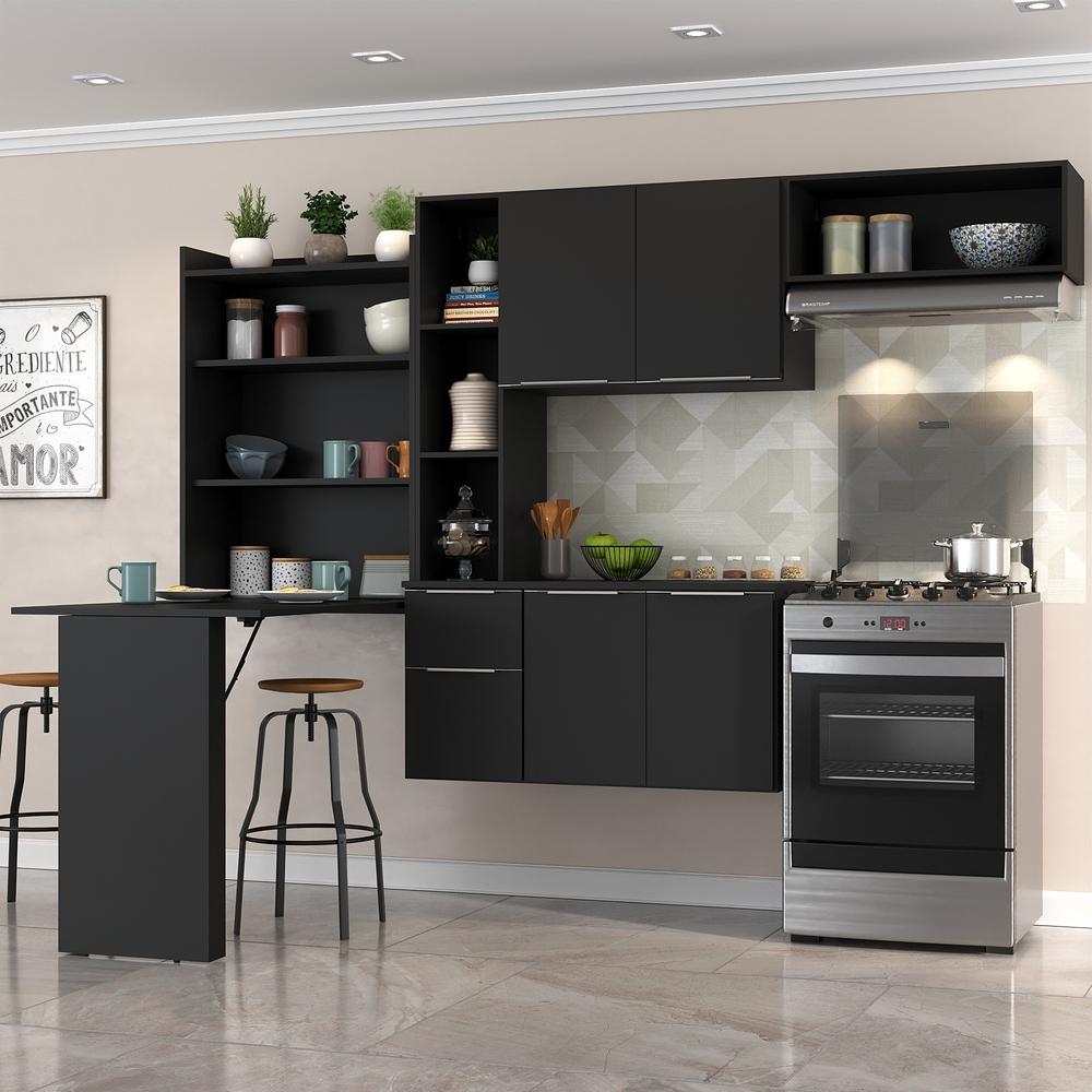 Cozinha Compacta Multimóveis Sofia FG2007 com Mesa Dobrável Preta