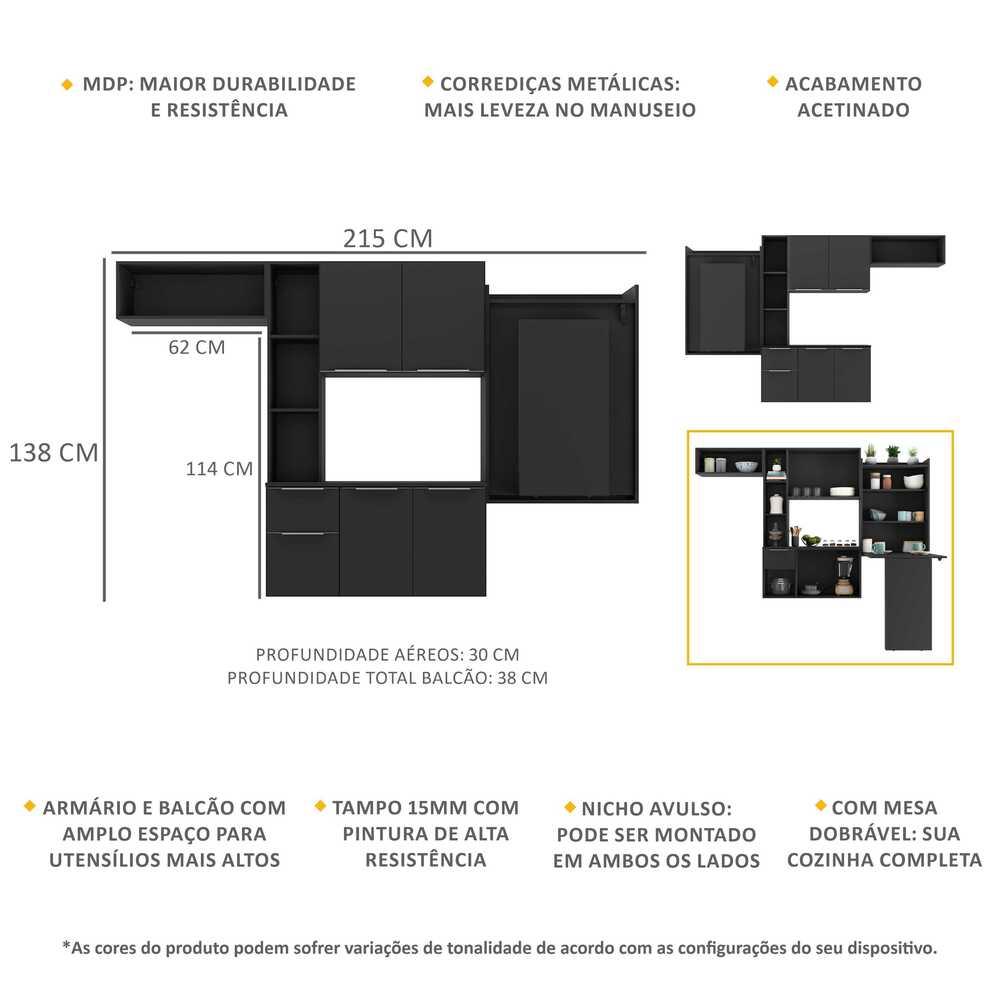 Cozinha Compacta Multimóveis Sofia FG2010 com Mesa Dobrável Preta