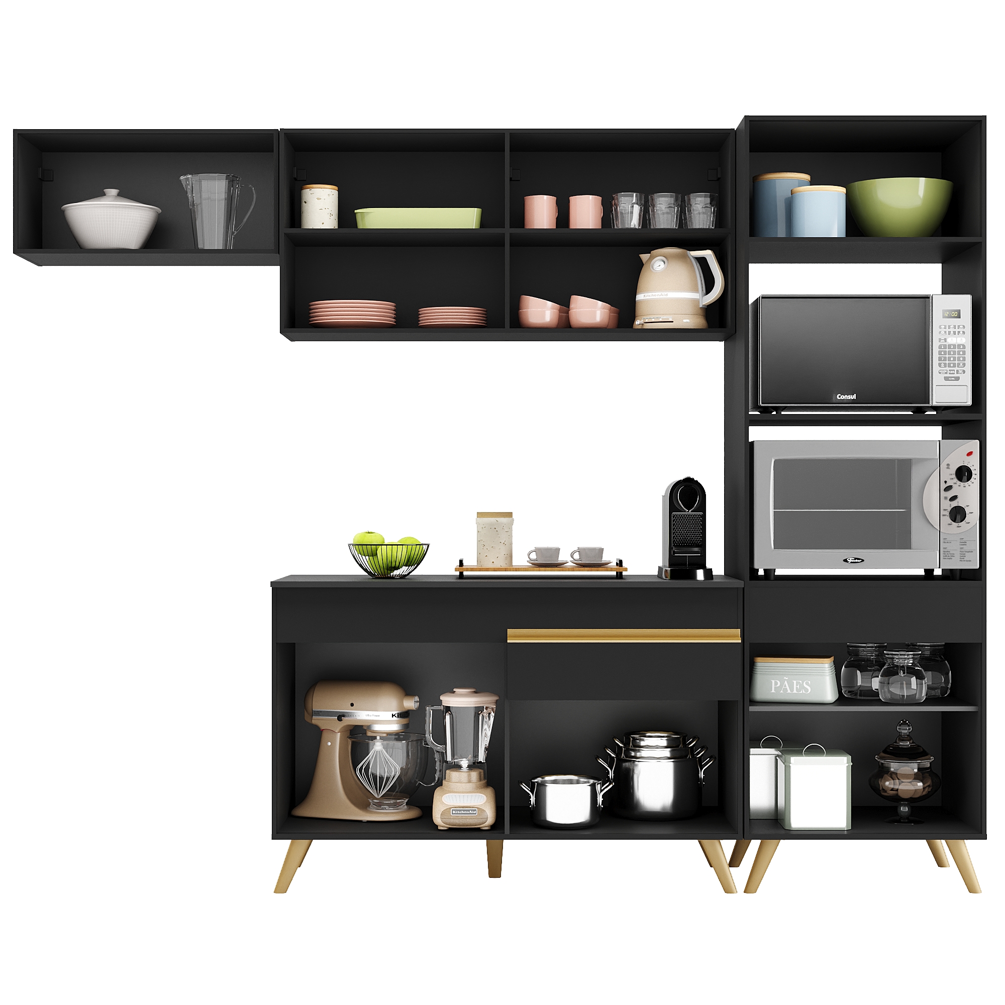 Cozinha Compacta Multimóveis Veneza GB FG3690 com Armário e Balcão Preta