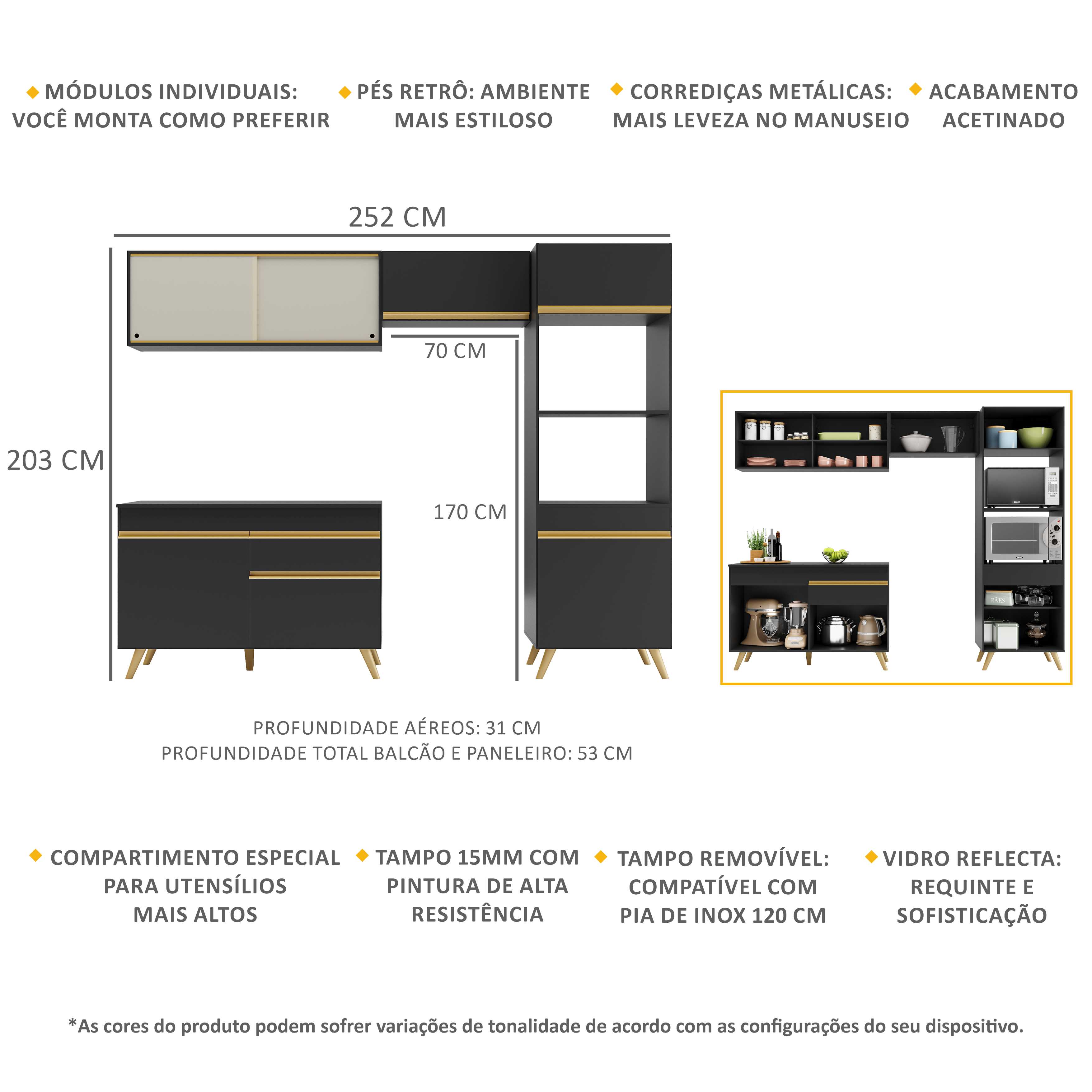 Cozinha Compacta Multimóveis Veneza GB FG3692 com Armário e Balcão Preta