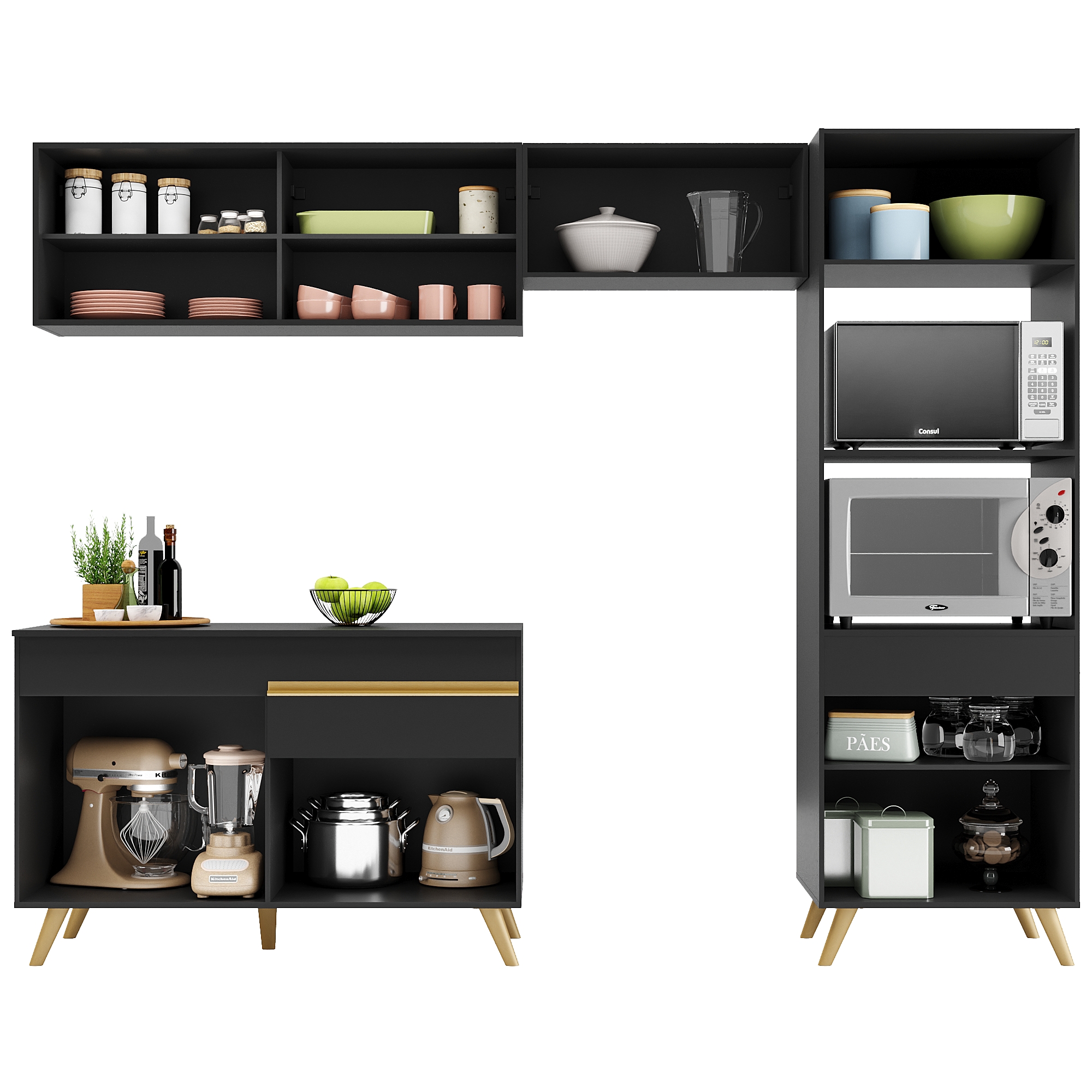 Cozinha Compacta Multimóveis Veneza GB FG3692 com Armário e Balcão Preta