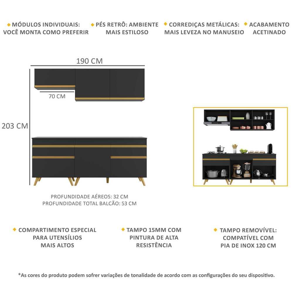 Cozinha Compacta Multimóveis Veneza GB FG3705 com Armário e Balcão Preta