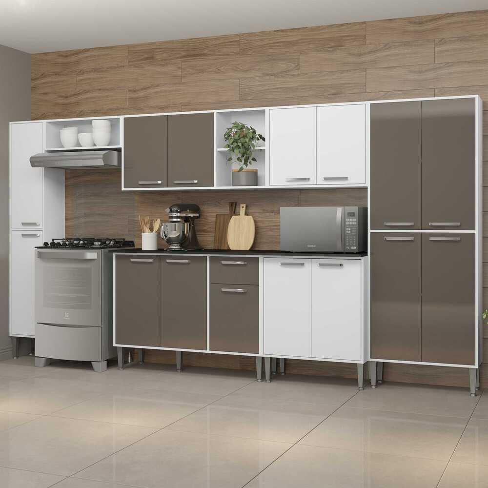 Cozinha Compacta Multimóveis Xangai Blues FG3282 com Armário e Balcão Branca/Lacca Fumê
