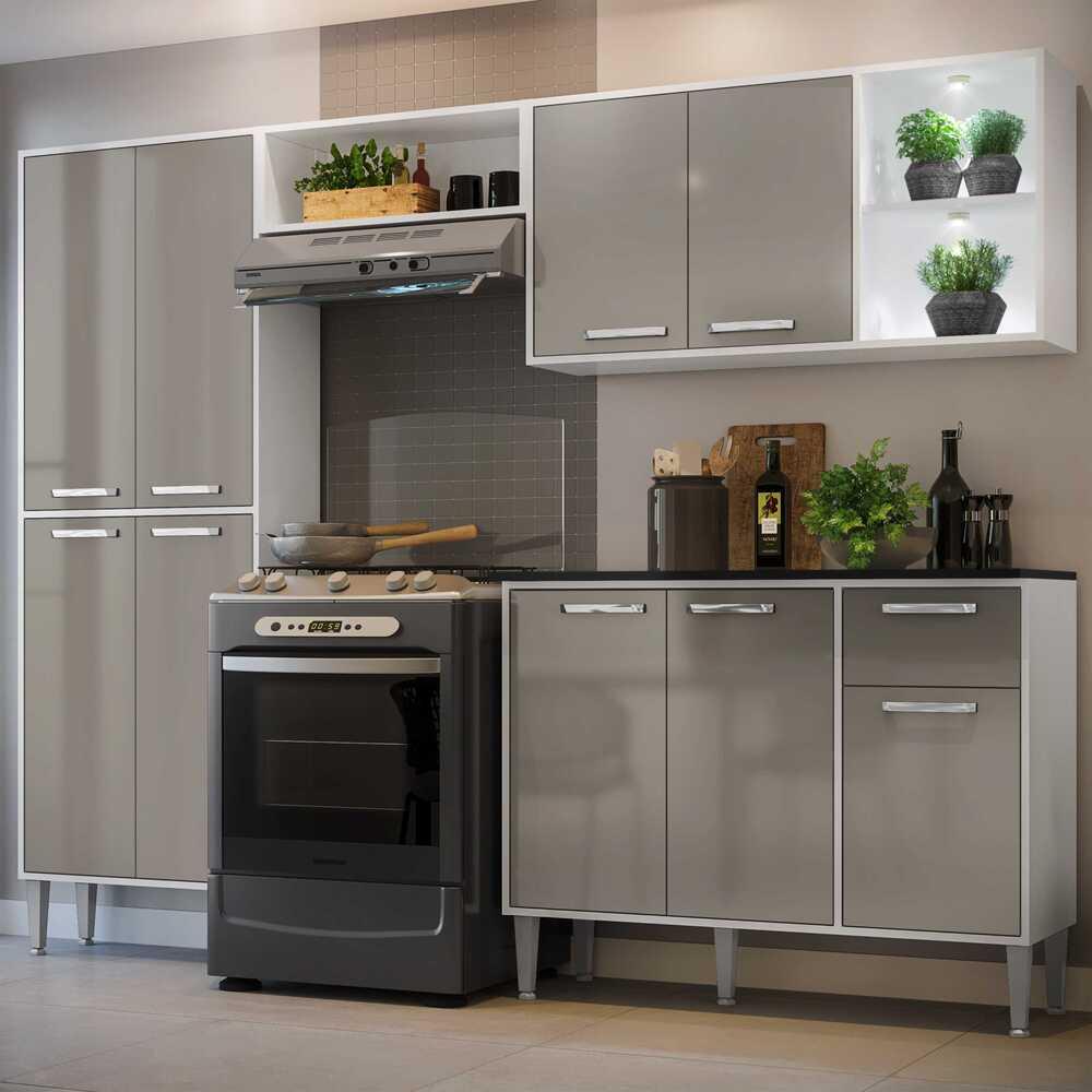 Cozinha Compacta Multimóveis Xangai FG3414 com 2 Leds Armário e Balcão Branca/Lacca Fumê