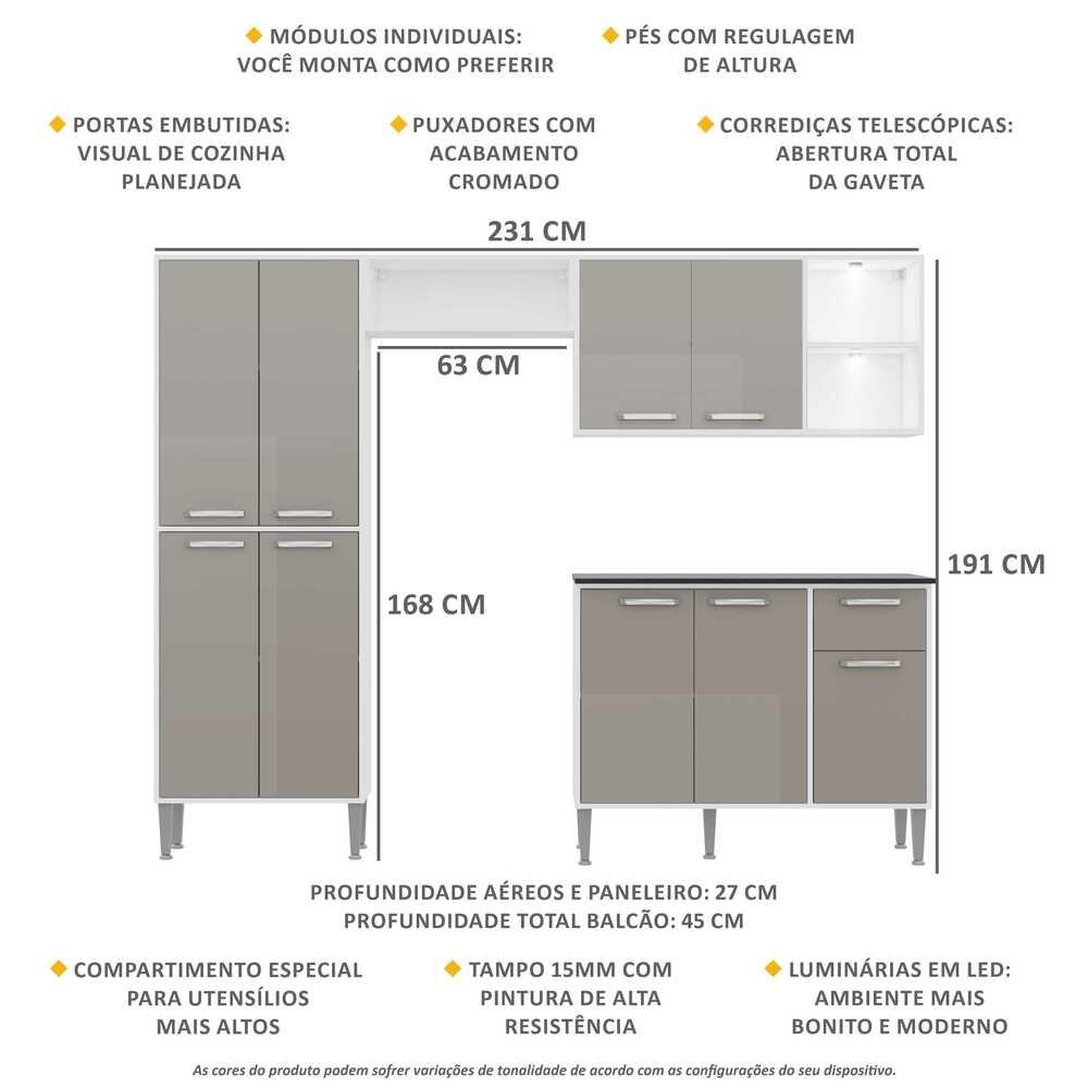 Cozinha Compacta Multimóveis Xangai FG3414 com 2 Leds Armário e Balcão Branca/Lacca Fumê