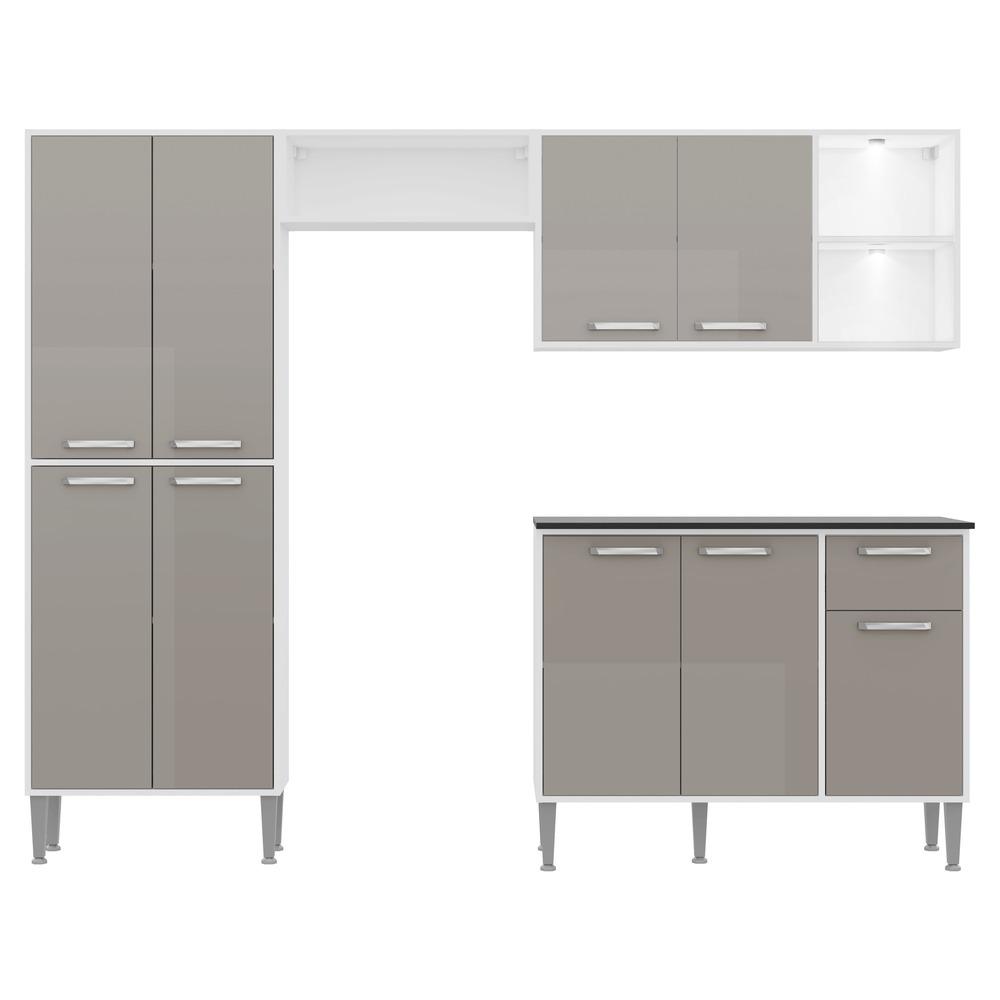 Cozinha Compacta Multimóveis Xangai FG3414 com 2 Leds Armário e Balcão Branca/Lacca Fumê