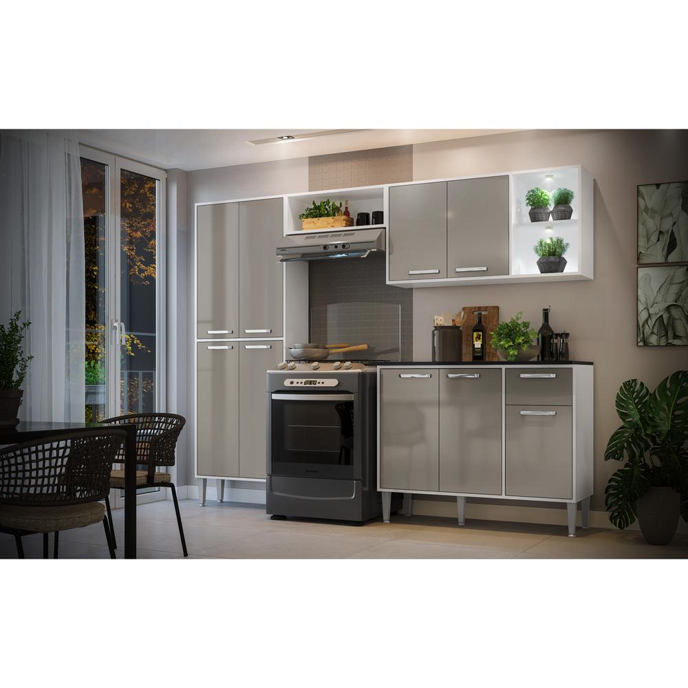 Cozinha Compacta Multimóveis Xangai FG3414 com 2 Leds Armário e Balcão Branca/Lacca Fumê