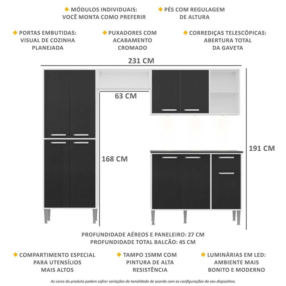 Cozinha Compacta Multimóveis Xangai FG3415 com 3 Leds Armário e Balcão Branca/Preta