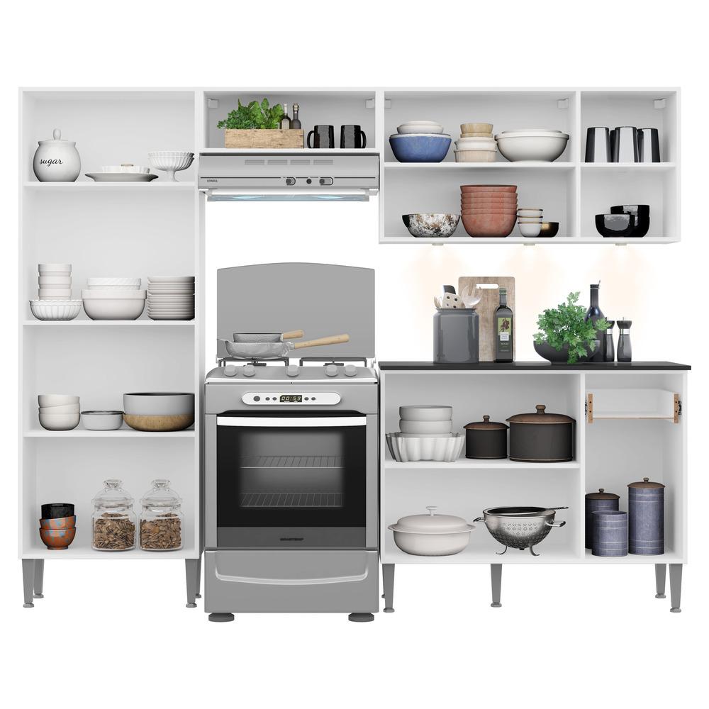 Cozinha Compacta Multimóveis Xangai FG3415 com 3 Leds Armário e Balcão Branca/Preta