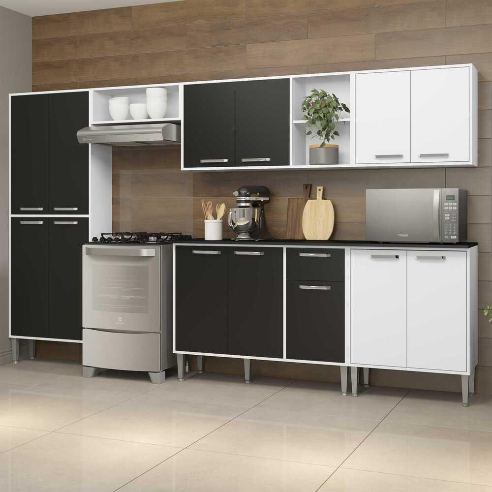 Cozinha Compacta Multimóveis Xangai Jazz FG3160 com Armário e Balcão Branca/Preta