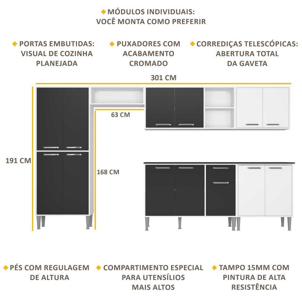Cozinha Compacta Multimóveis Xangai Jazz FG3160 com Armário e Balcão Branca/Preta