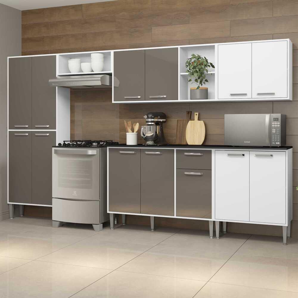 Cozinha Compacta Multimóveis Xangai Jazz FG3281 com Armário e Balcão Branca/Lacca Fumê