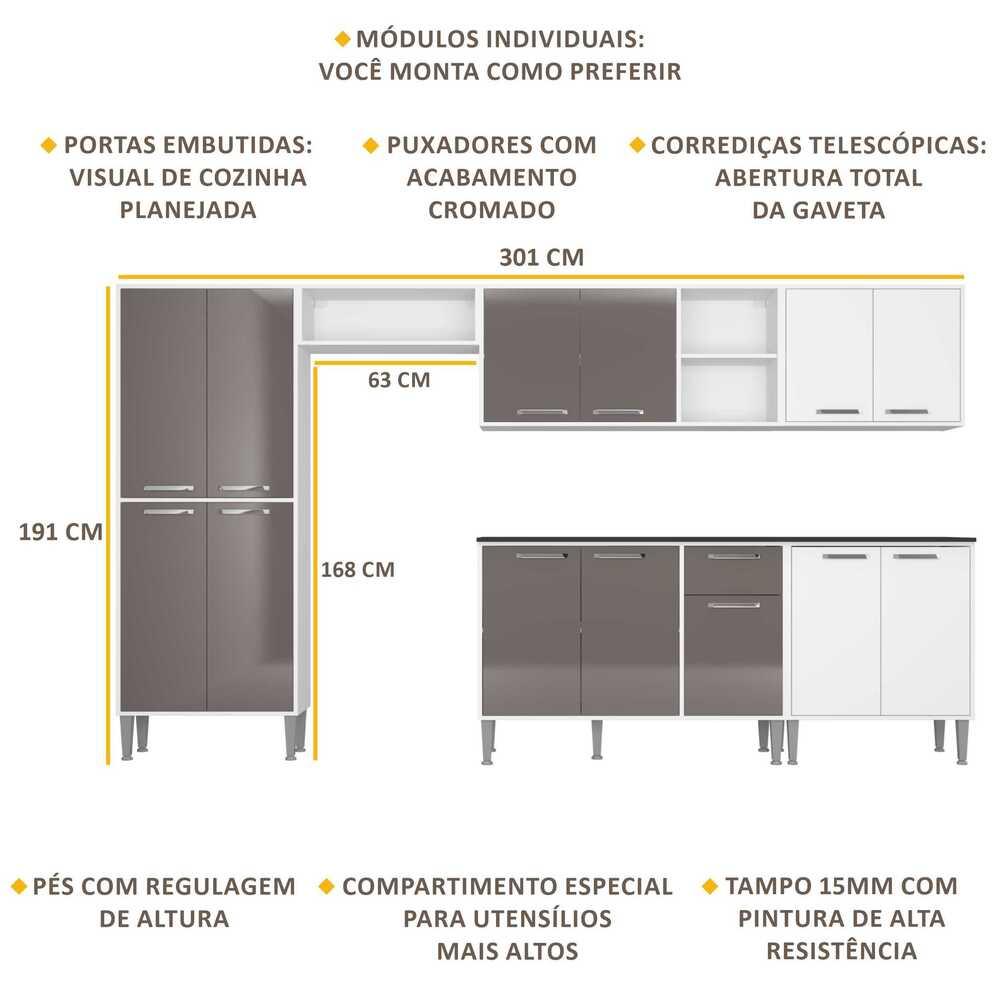 Cozinha Compacta Multimóveis Xangai Jazz FG3281 com Armário e Balcão Branca/Lacca Fumê