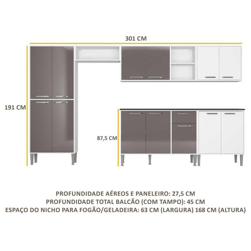 Cozinha Compacta Multimóveis Xangai Jazz FG3281 com Armário e Balcão Branca/Lacca Fumê