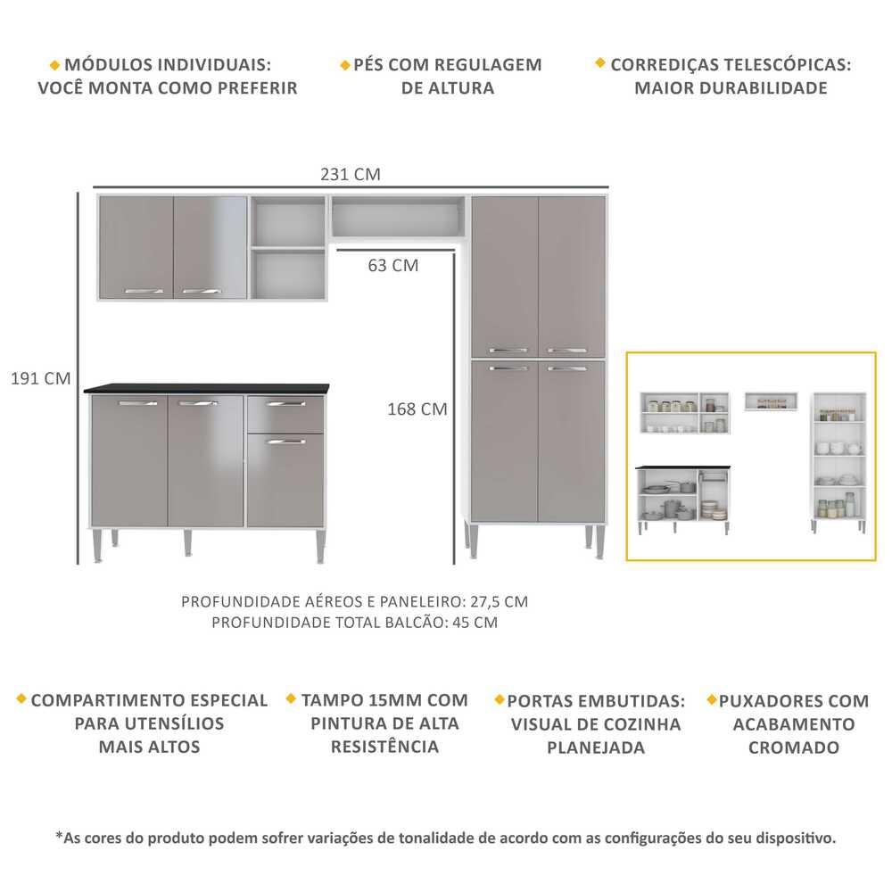 Cozinha Compacta Multimóveis Xangai Plus FG2840 com Armário e Balcão Branca/Lacca Fumê