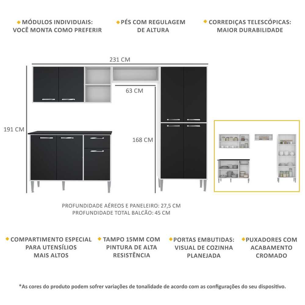 Cozinha Compacta Multimóveis Xangai Plus FG2840 com Armário e Balcão Branca/Preta