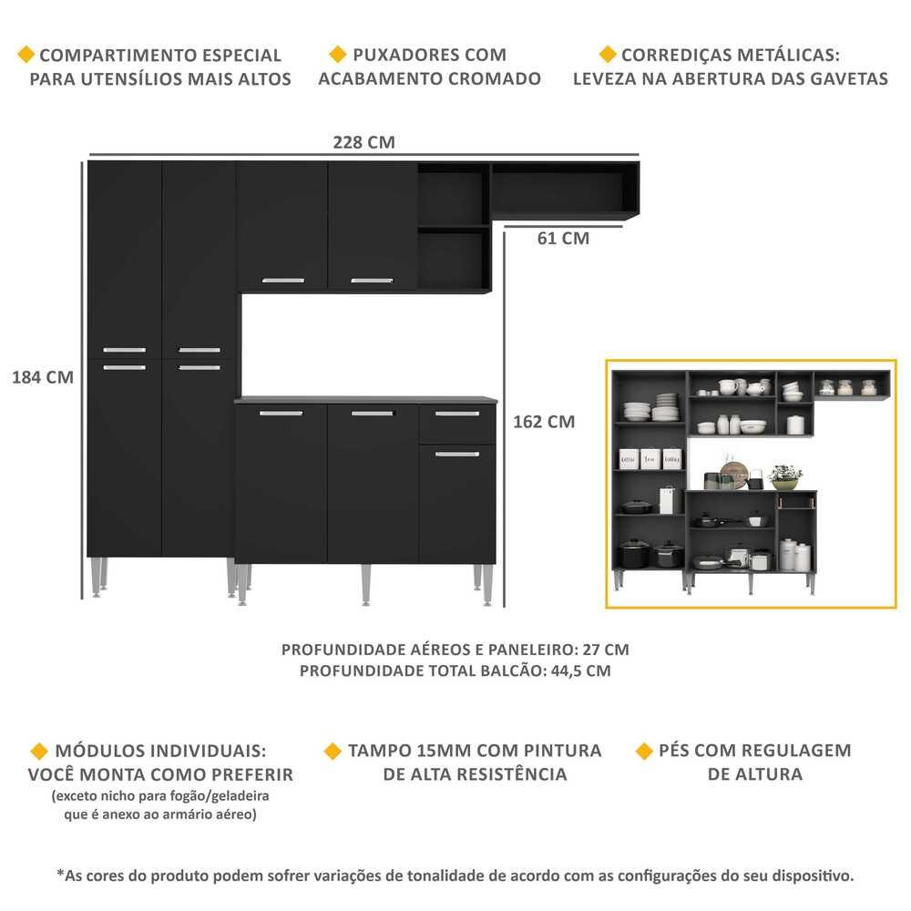 Cozinha Compacta Pequim 9 Portas MP2933 Multimóveis Preto