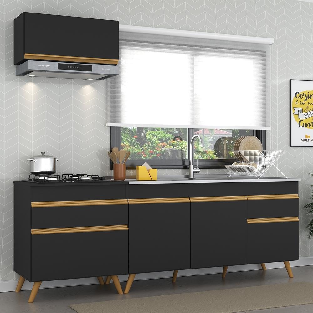 Cozinha Compacta Veneza GB Multimóveis MP2074 com Armário e Balcão Preta