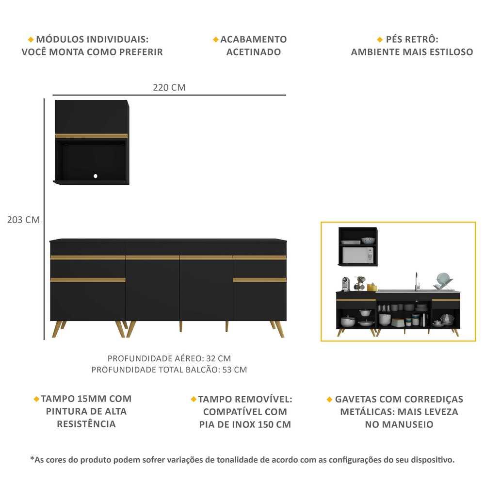 Cozinha Compacta Veneza GB Multimóveis MP2075 com Armário e Balcão Preta