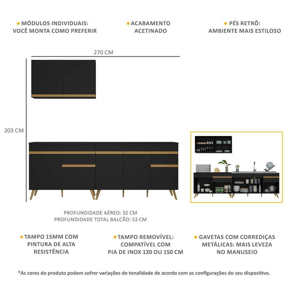 Cozinha Compacta Veneza GB Multimóveis MP2076 com Armário e Balcão Preta
