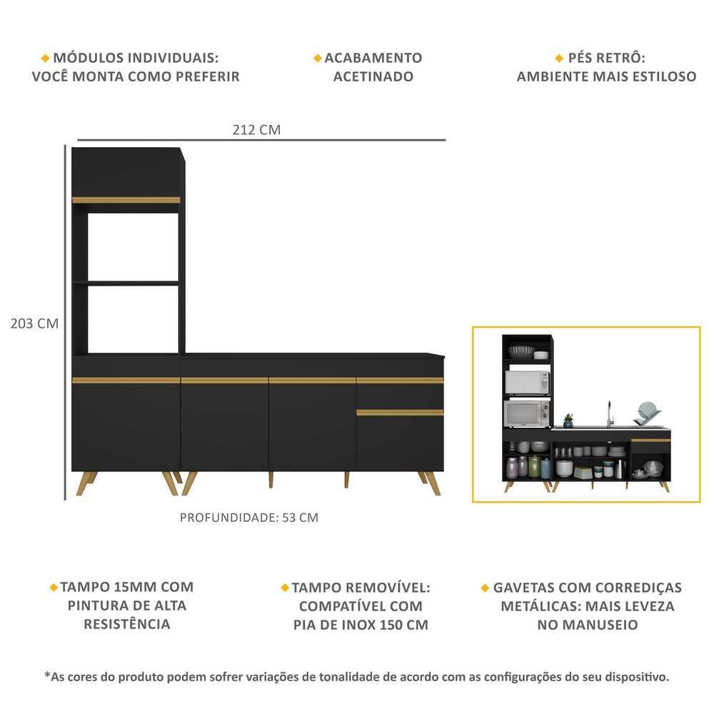 Cozinha Compacta Veneza GB Multimóveis MP2078 com Armário e Balcão Preta