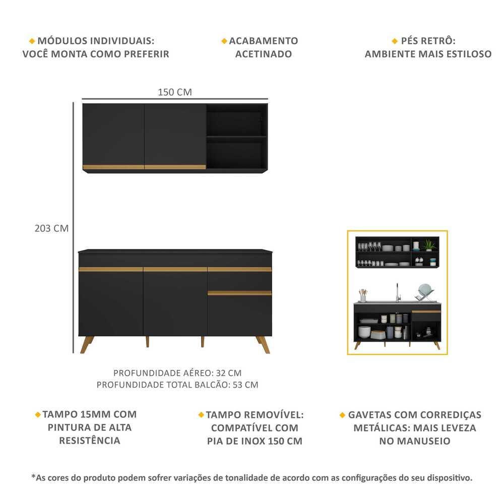Cozinha Compacta Veneza GB Multimóveis MP2079 com Armário e Balcão Preta
