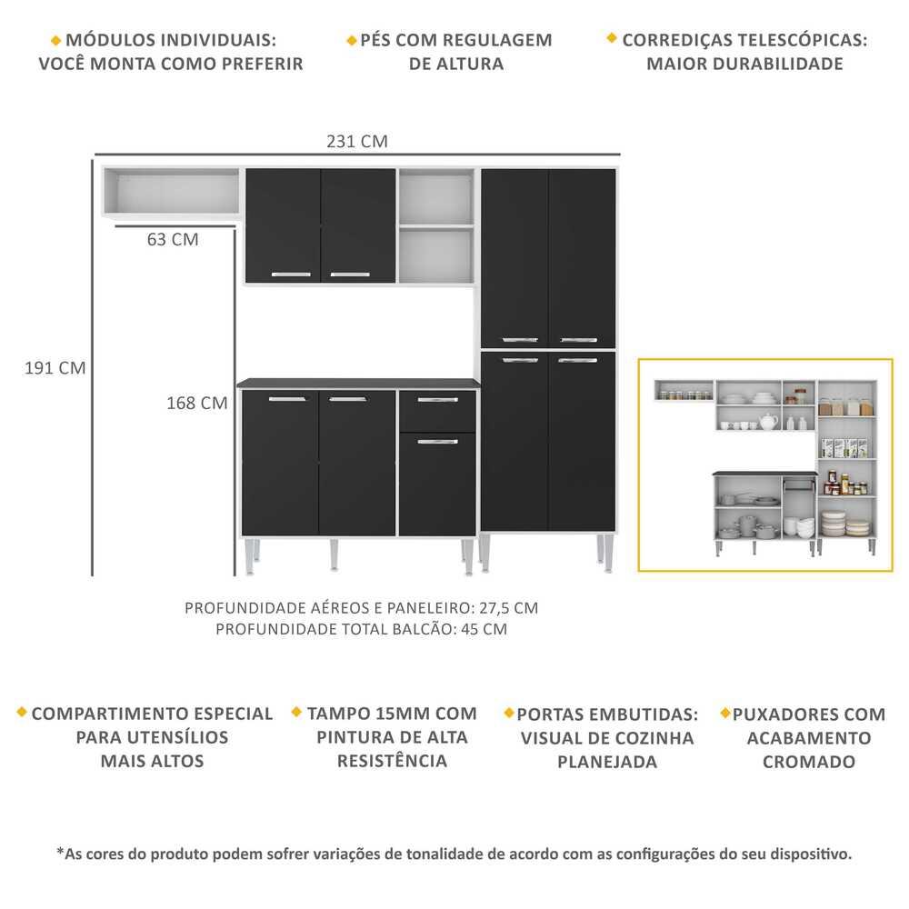 Cozinha Compacta Xangai 9 Portas Multimóveis Branco/Preto