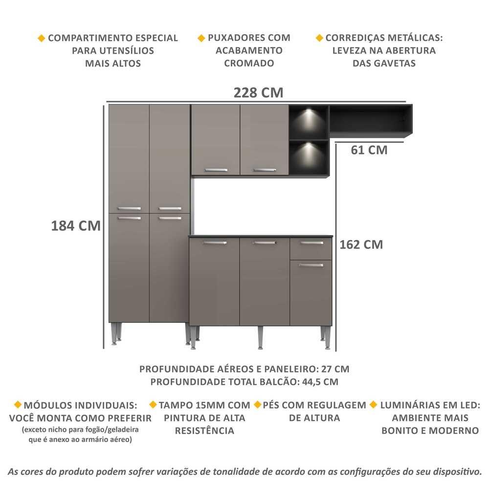 Cozinha Compacta c/ 2 Leds Armário e Balcão com Tampo Pequim Multimóveis Preta/Lacca Fumê