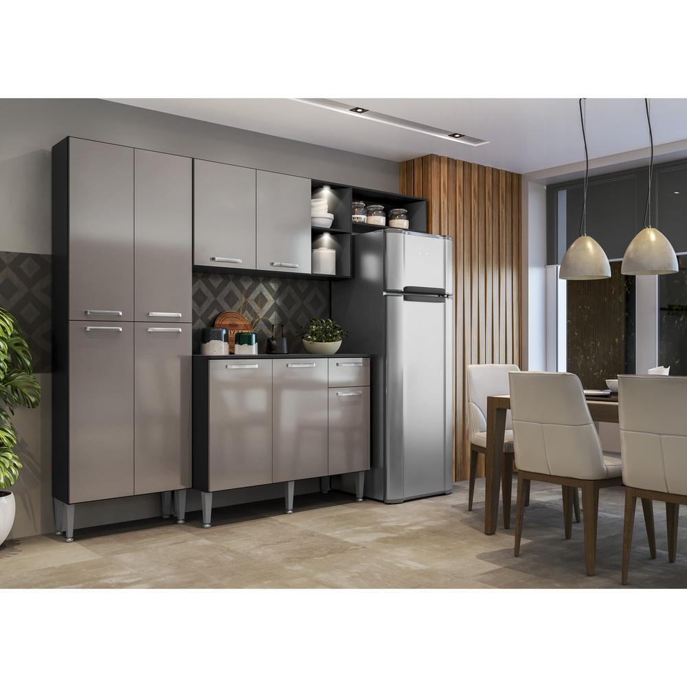 Cozinha Compacta c/ 2 Leds Armário e Balcão com Tampo Pequim Multimóveis Preta/Lacca Fumê