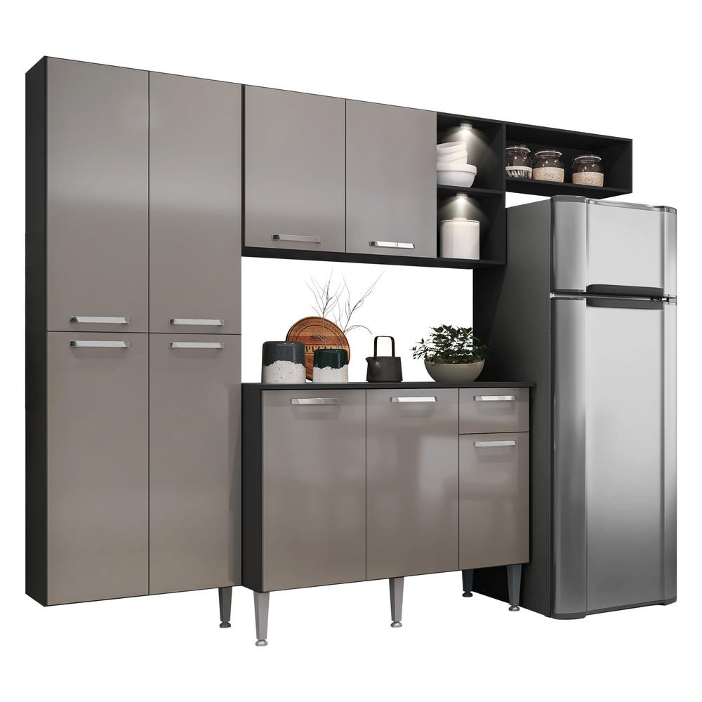 Cozinha Compacta c/ 2 Leds Armário e Balcão com Tampo Pequim Sun Multimóveis Preta/Lacca Fumê
