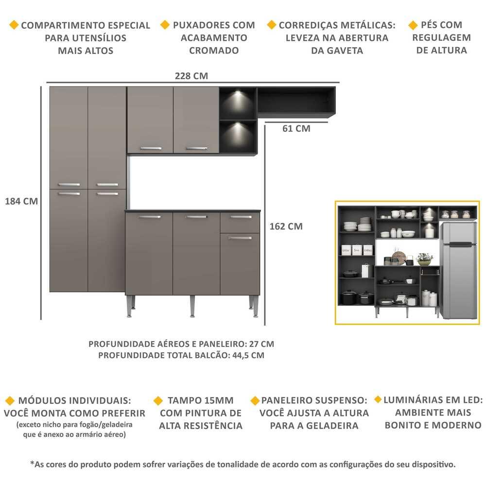 Cozinha Compacta c/ 2 Leds Armário e Balcão com Tampo Pequim Sun Multimóveis Preta/Lacca Fumê