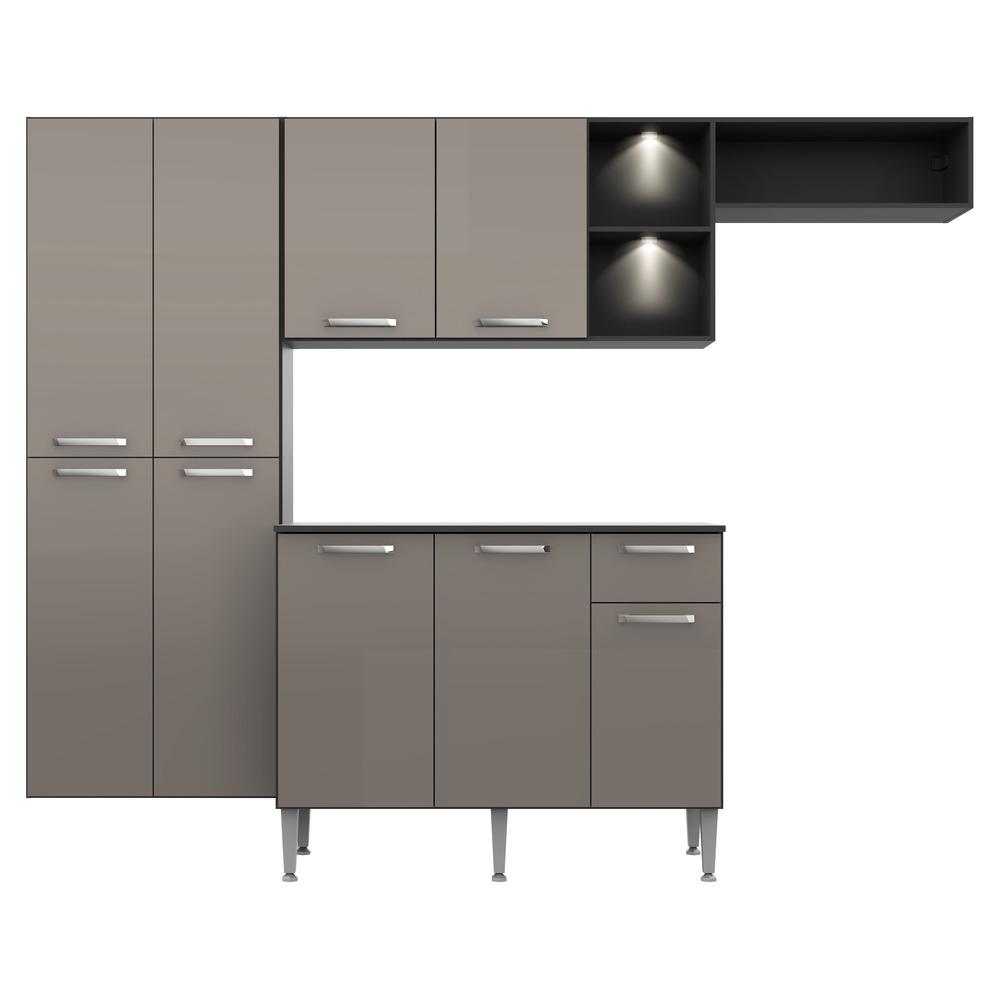 Cozinha Compacta c/ 2 Leds Armário e Balcão com Tampo Pequim Sun Multimóveis Preta/Lacca Fumê