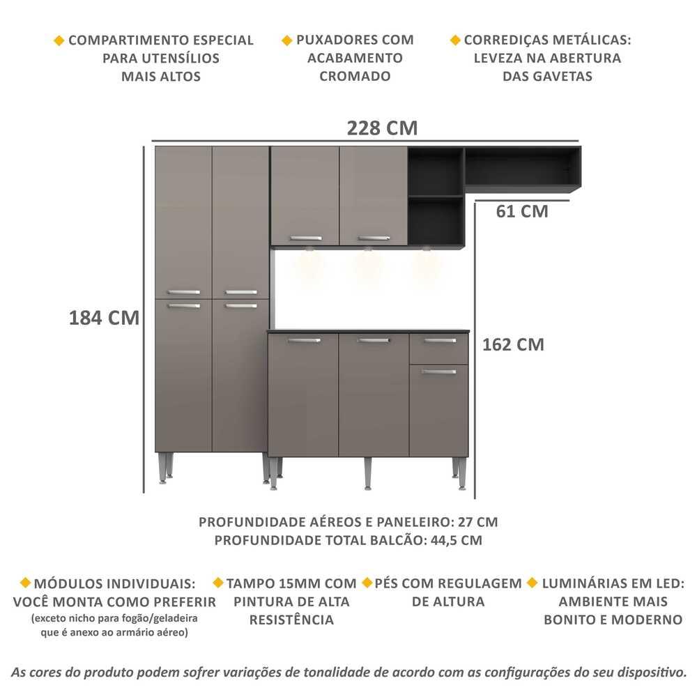 Cozinha Compacta c/ 3 Leds Armário e Balcão com Tampo Pequim Multimóveis Preta/Lacca Fumê