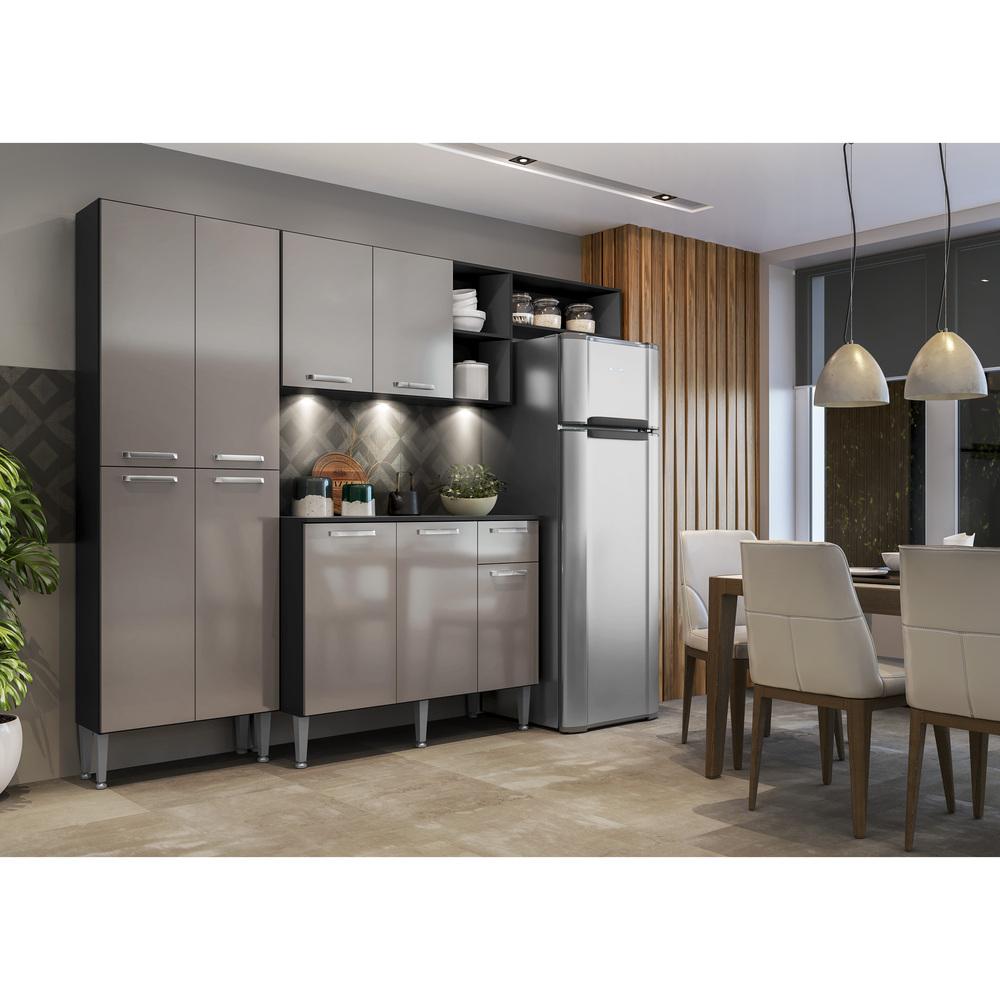 Cozinha Compacta c/ 3 Leds Armário e Balcão com Tampo Pequim Multimóveis Preta/Lacca Fumê