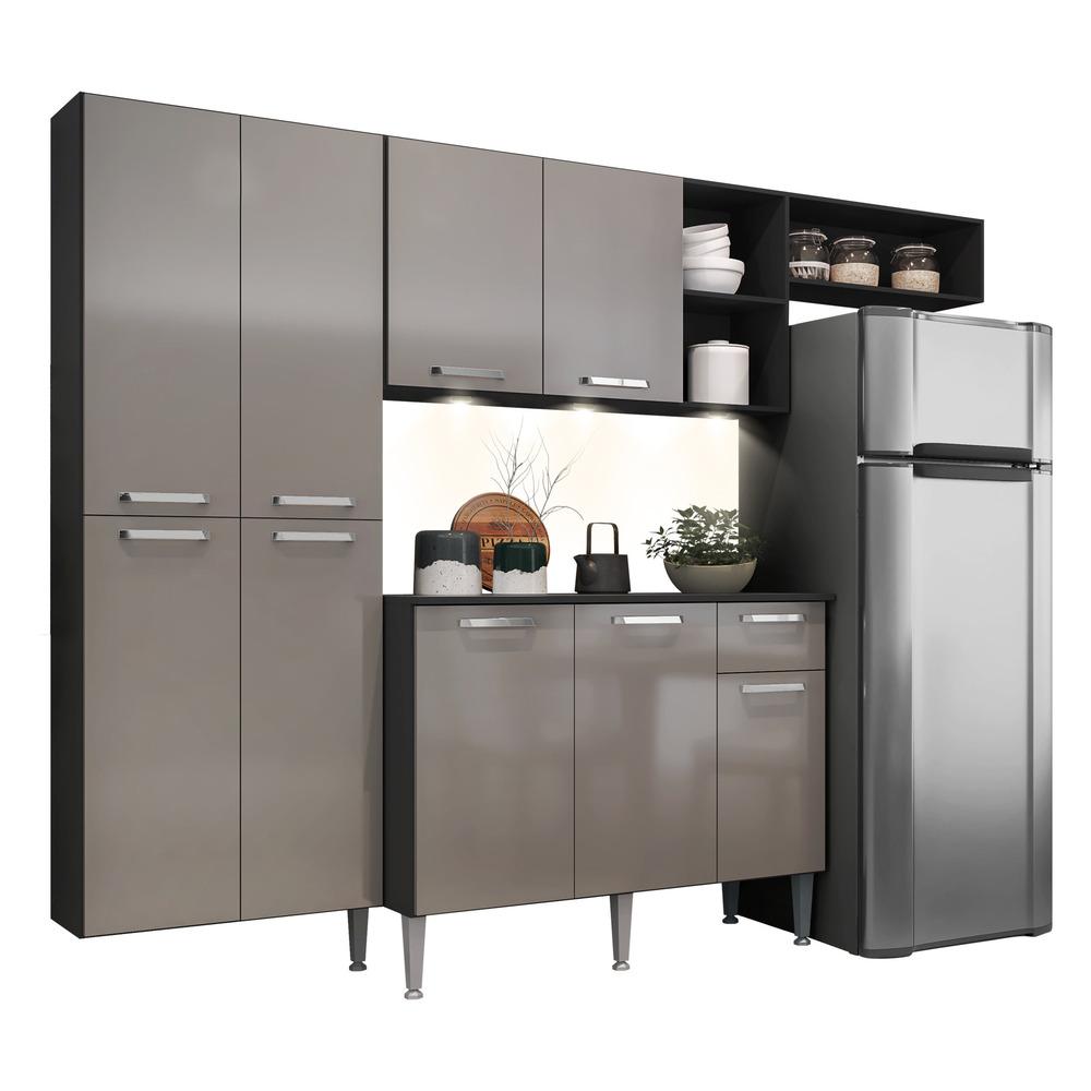 Cozinha Compacta c/ 3 Leds Armário e Balcão com Tampo Pequim Sun Multimóveis Preta/Lacca Fumê